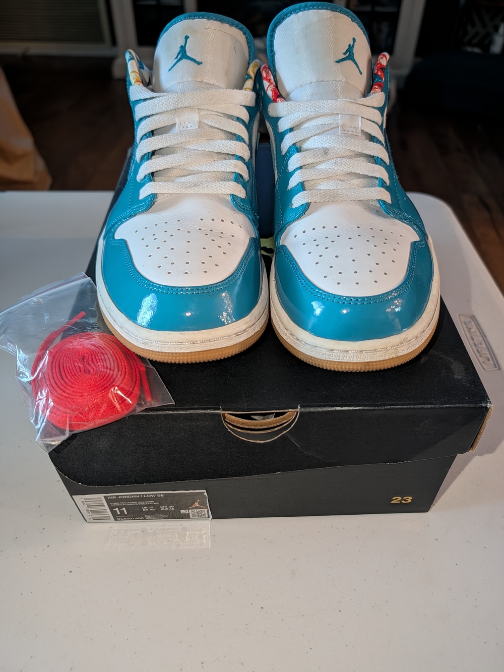 Jordan Men's Low-Top Sneakers in White & Teal with Red Laces "Barcelona"